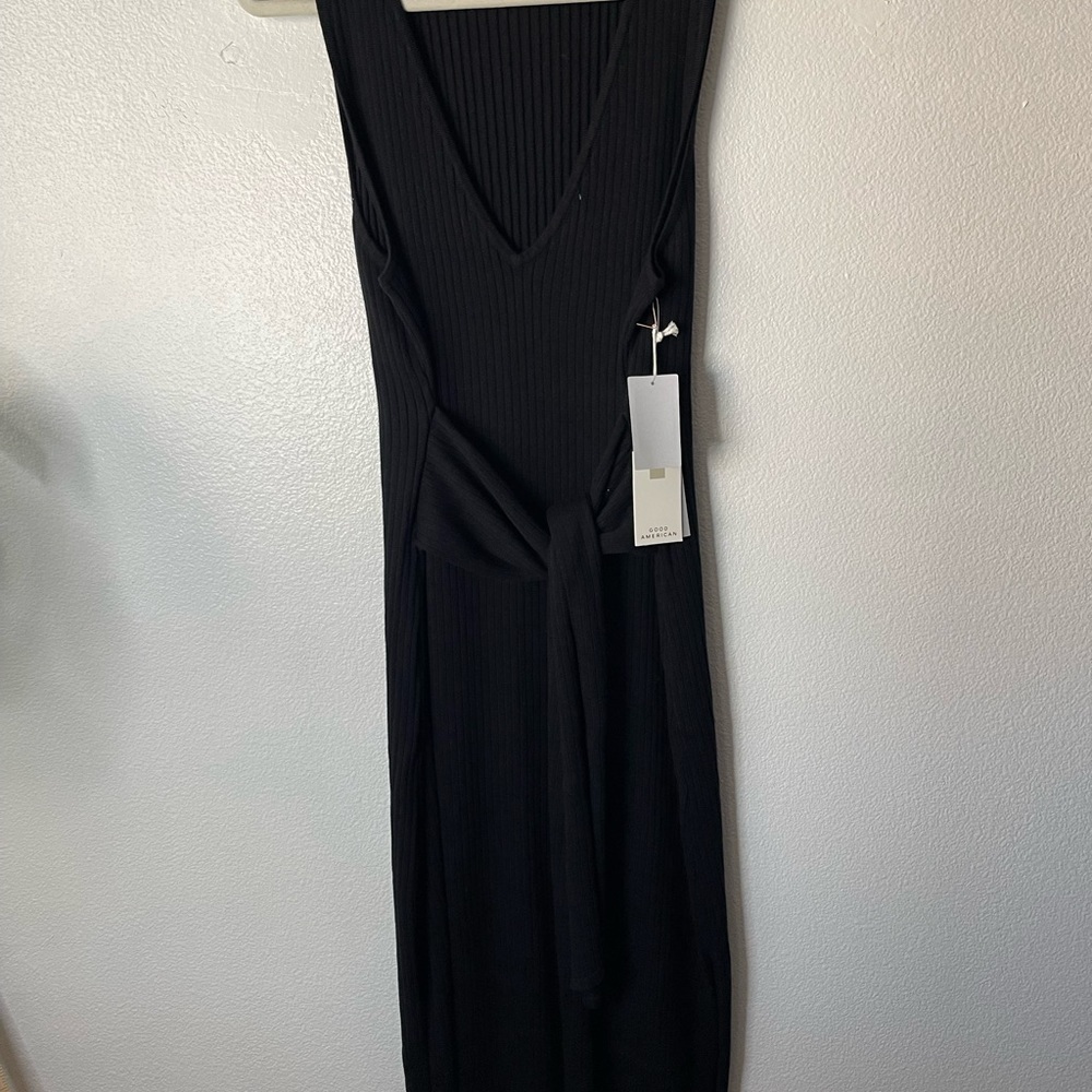 Good American Sleeveless Belted Body Dress Ribbed Knit Black Midi Black 3X - Picture 3 of 9